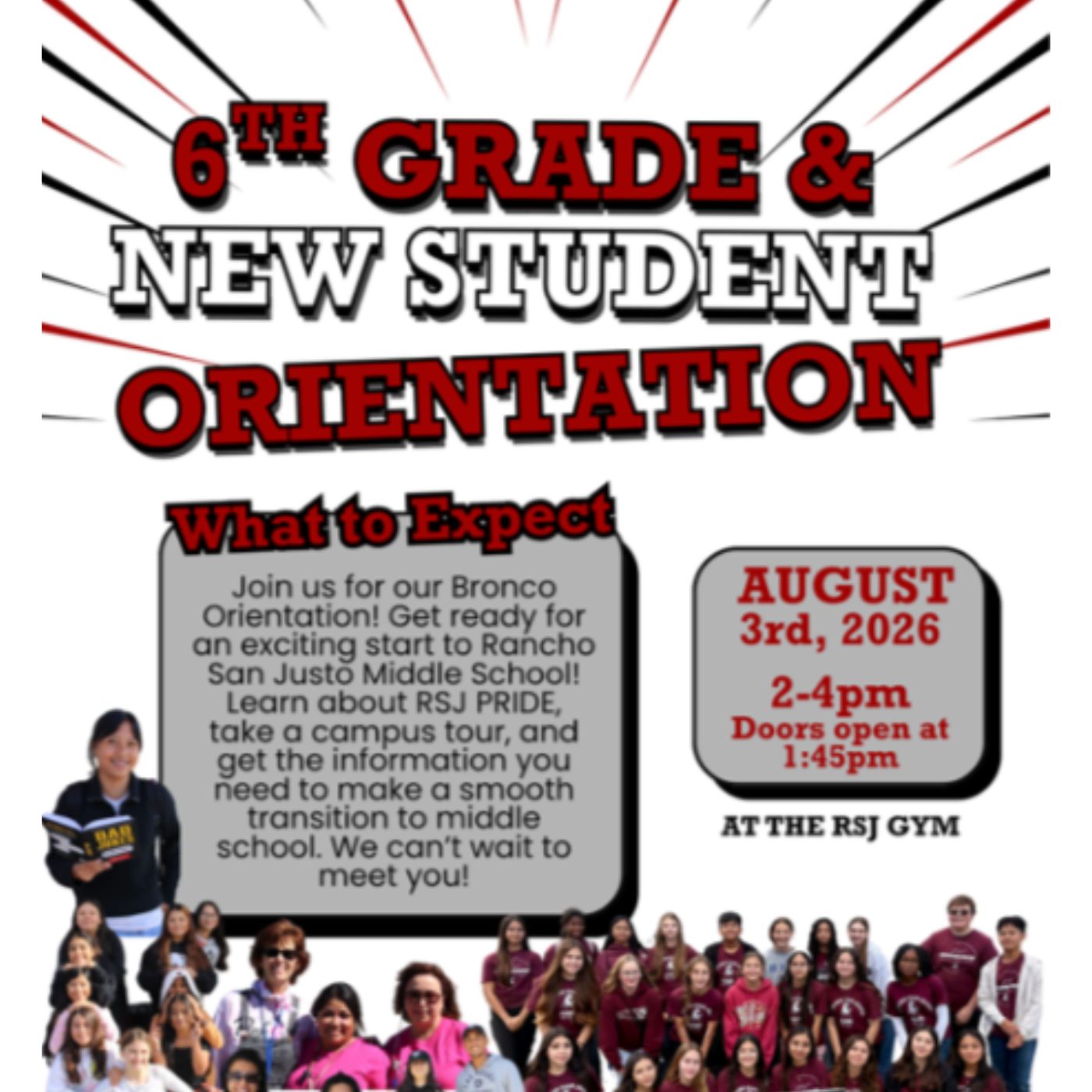 6th Grade & New Student Orientation August 3rd